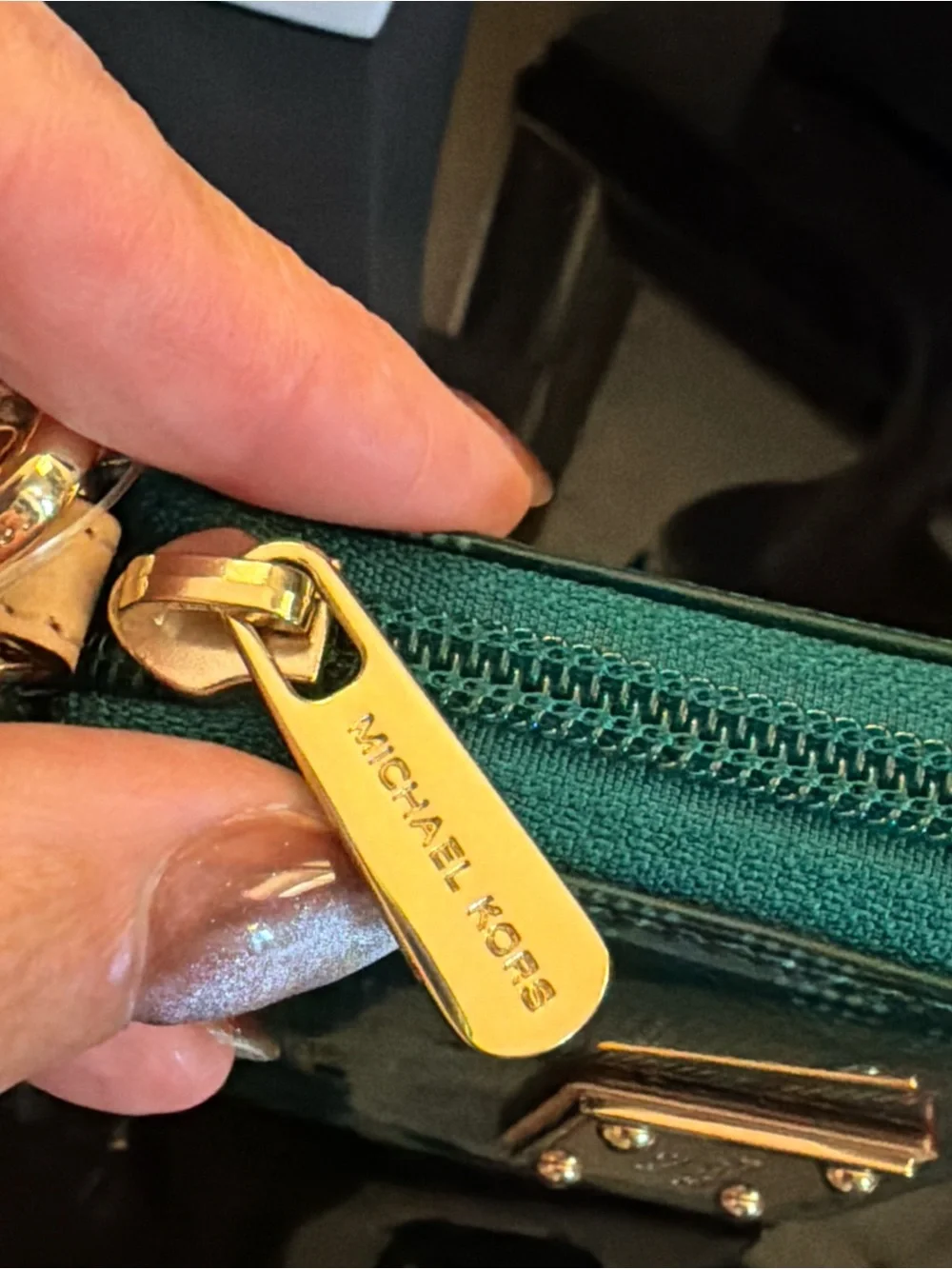 Michael Kors Green Patent Logo Zip Wallet with Gold Plate